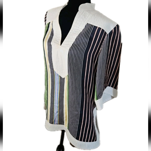 Tory Burch Womens Field Day Stripe Silk Tunic Multicolor Designer Blouse 10 - Picture 4 of 16